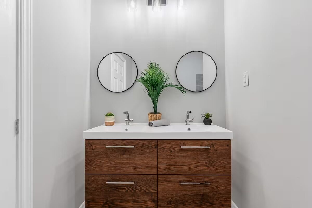 A bathroom with a white vanity, two round mirrors, a potted plant, and a wooden cabinet with drawers.