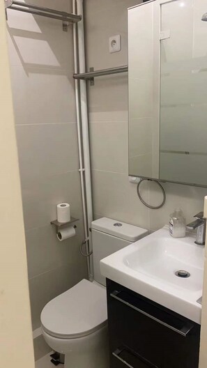 Une petite salle de bain comprenant des toilettes, un lavabo et un miroir.