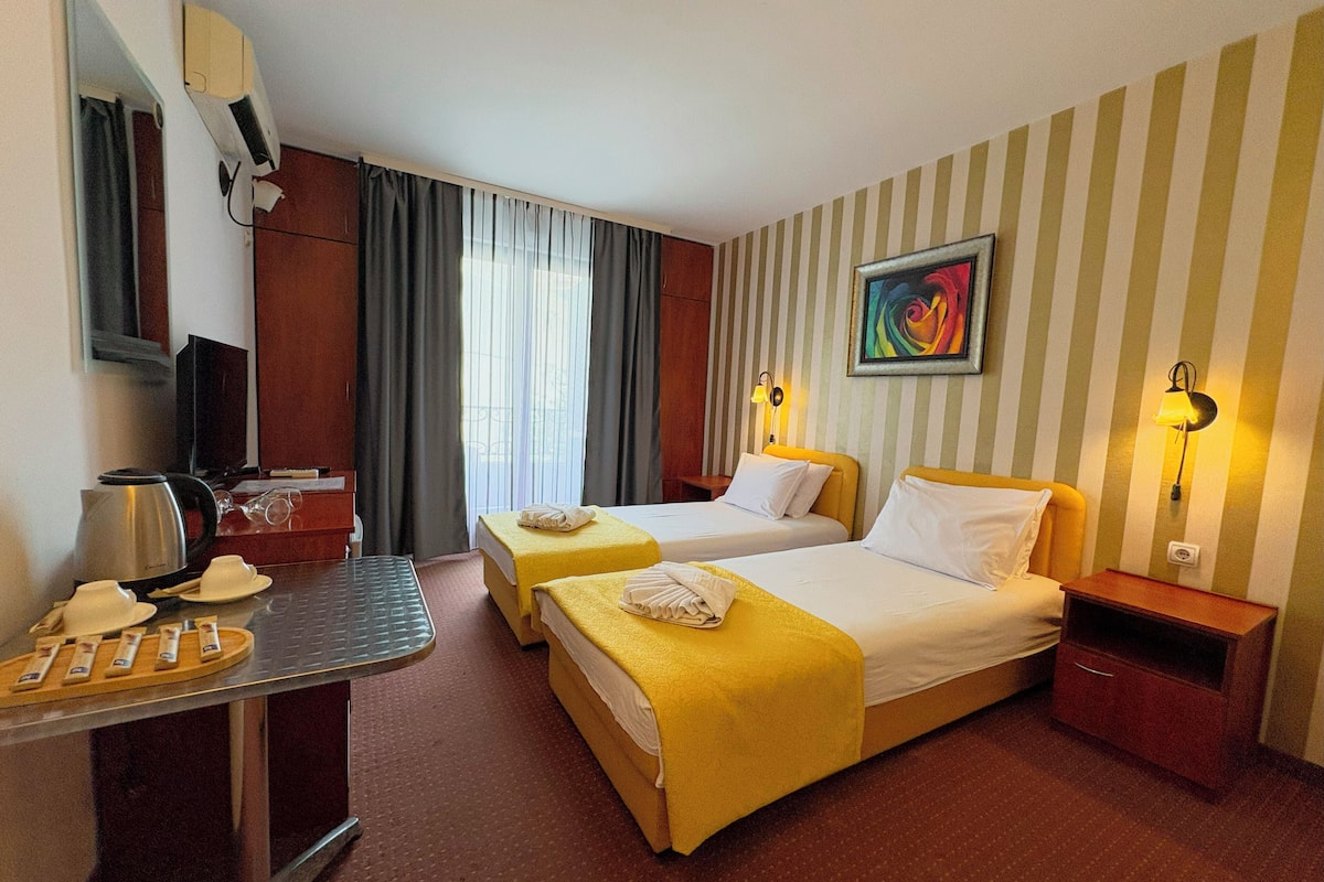 Une chambre d’hôtel avec deux lits, un bureau avec une bouilloire, une télévision et un tableau au mur.