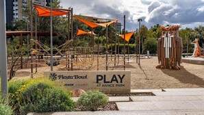 A park with a sign reading 'Fiesta Bowl PLAY AT HANCE PARK' and a wooden structure resembling an owl.