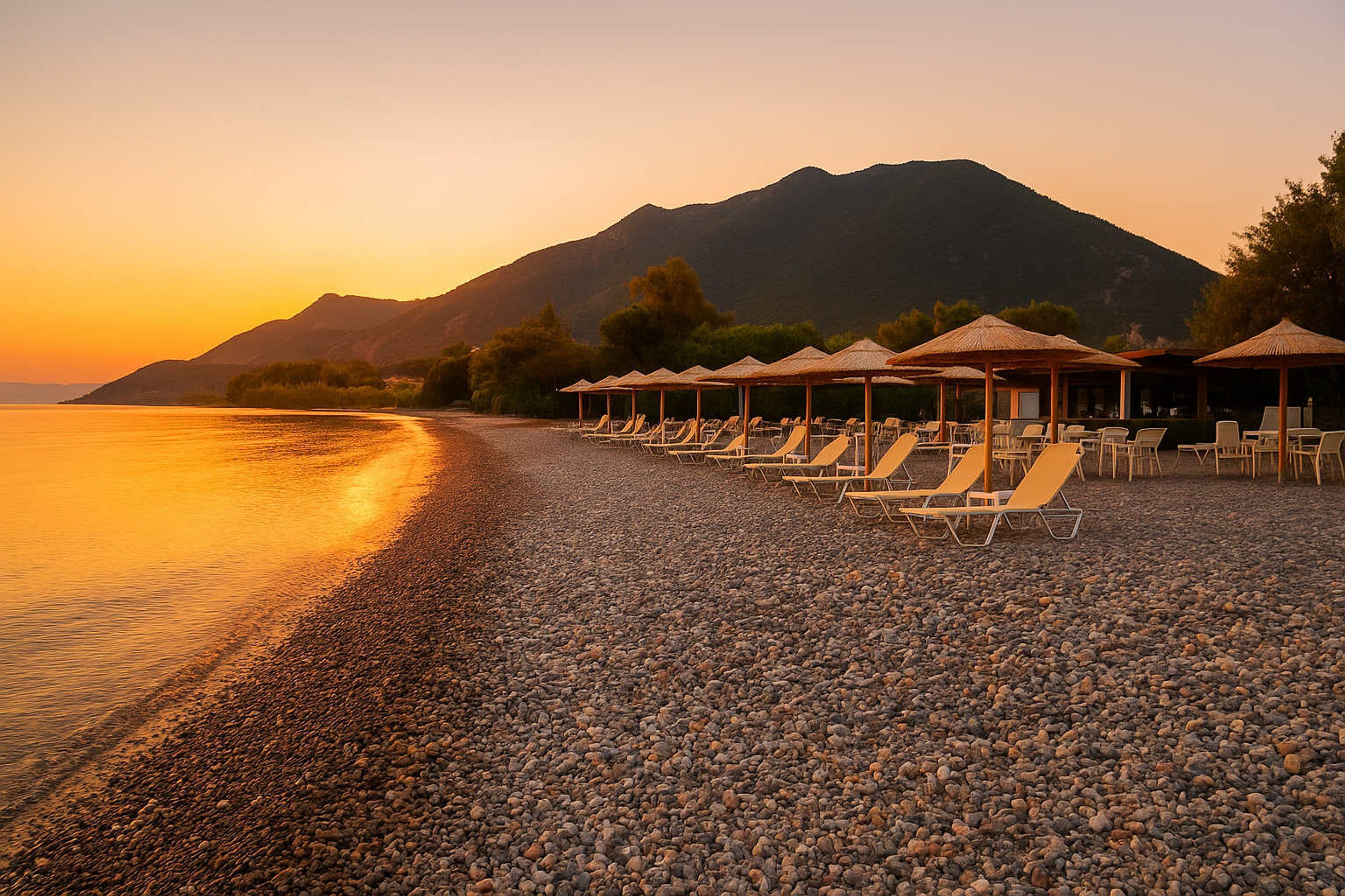 Ein Kiesstrand mit Liegestühlen und Sonnenschirmen, im Hintergrund ein Berg und ein Sonnenuntergang.