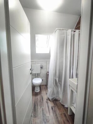 A narrow bathroom with a toilet, a shower curtain, and a window. - Aria Plitvice (Plitvicka Jezera)