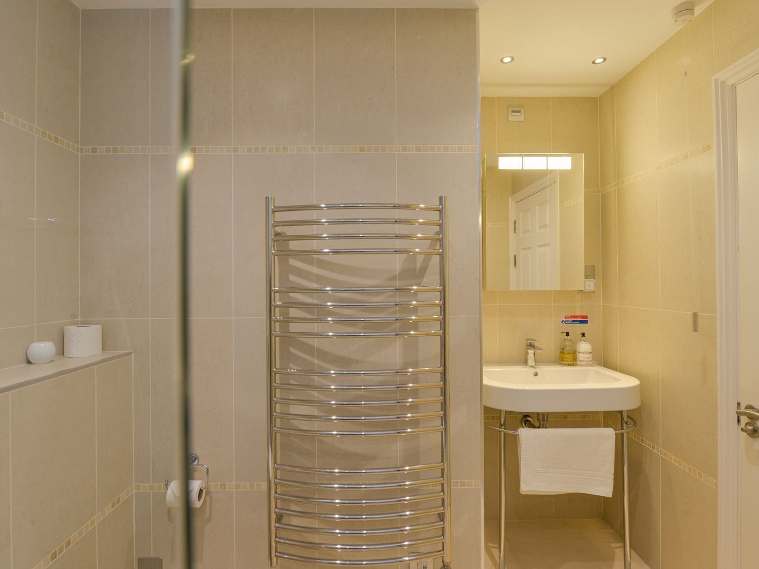 A modern bathroom with a glass shower enclosure, a chrome towel rack, a white sink with a mirror, and a toilet paper holder on the wall.