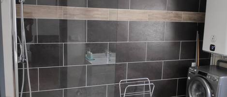 Hair dryer, towels, soap, toilet paper