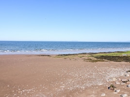 Een strand met heldere lucht en rustige zee.