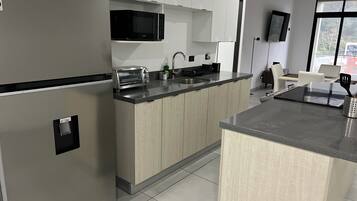 Fridge, microwave, oven, toaster