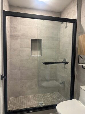 Hair dryer, towels, soap, toilet paper