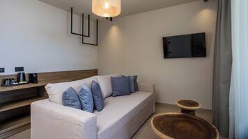A modern living room with a sofa, coffee table, and a mounted TV.