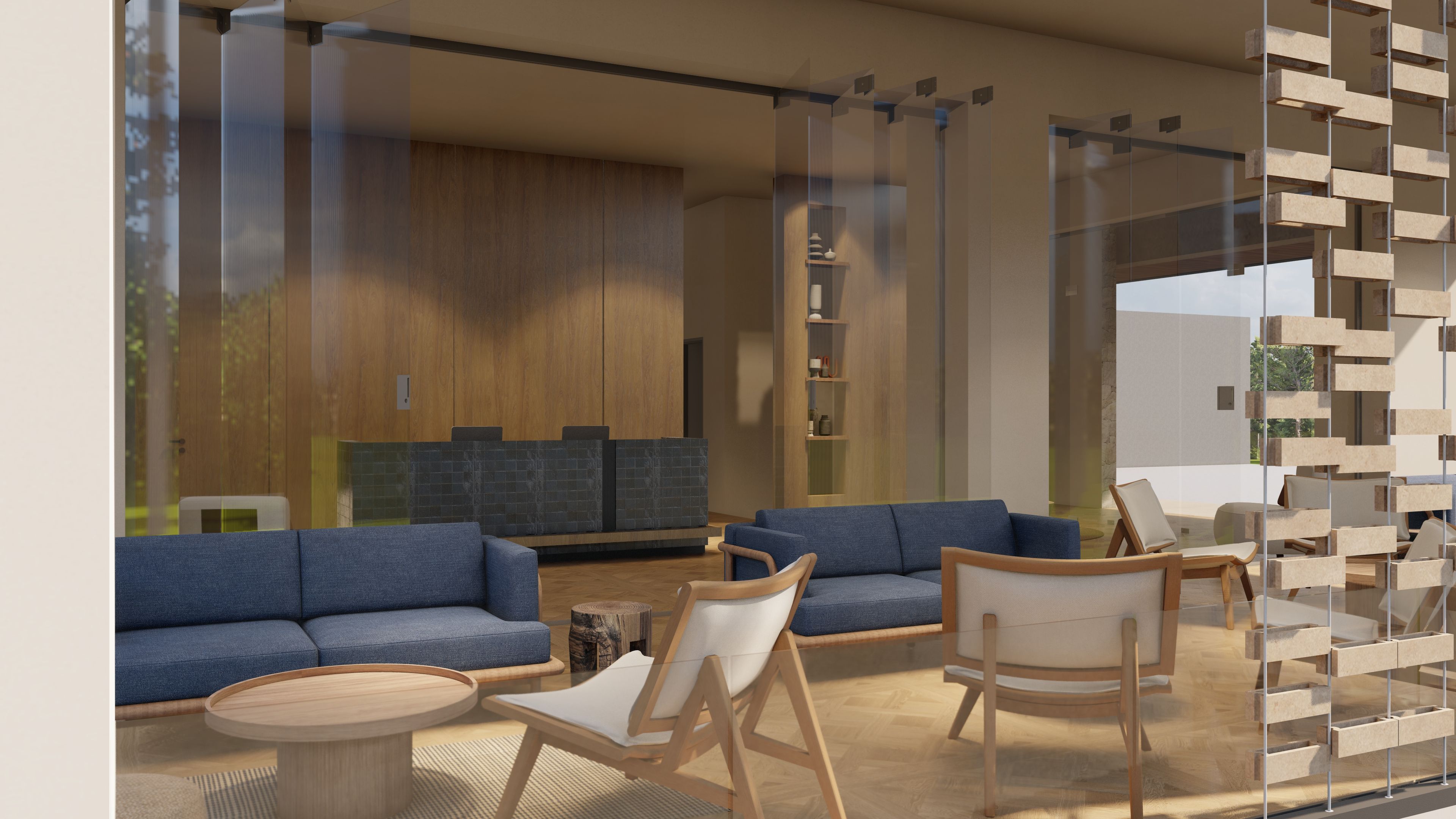 A modern lounge area with blue sofas, wooden chairs, and a glass partition.