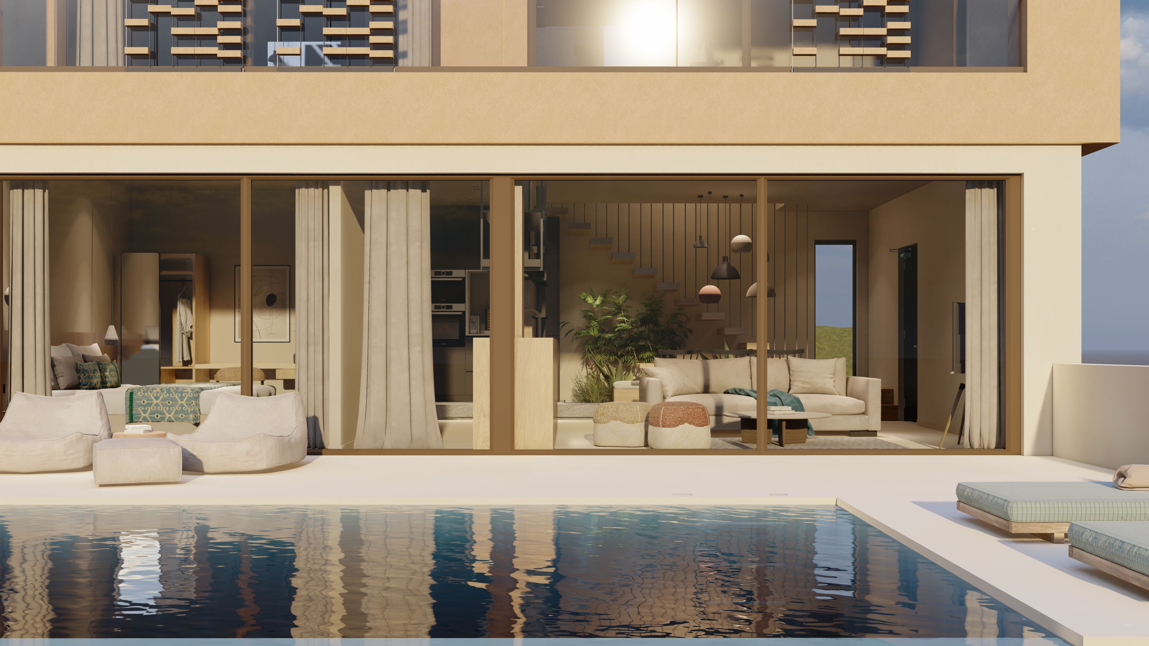 Un hotel moderno con piscina, un amplio salón con sofás y una mesa de centro, y una gran entrada con puerta corredera de vidrio.