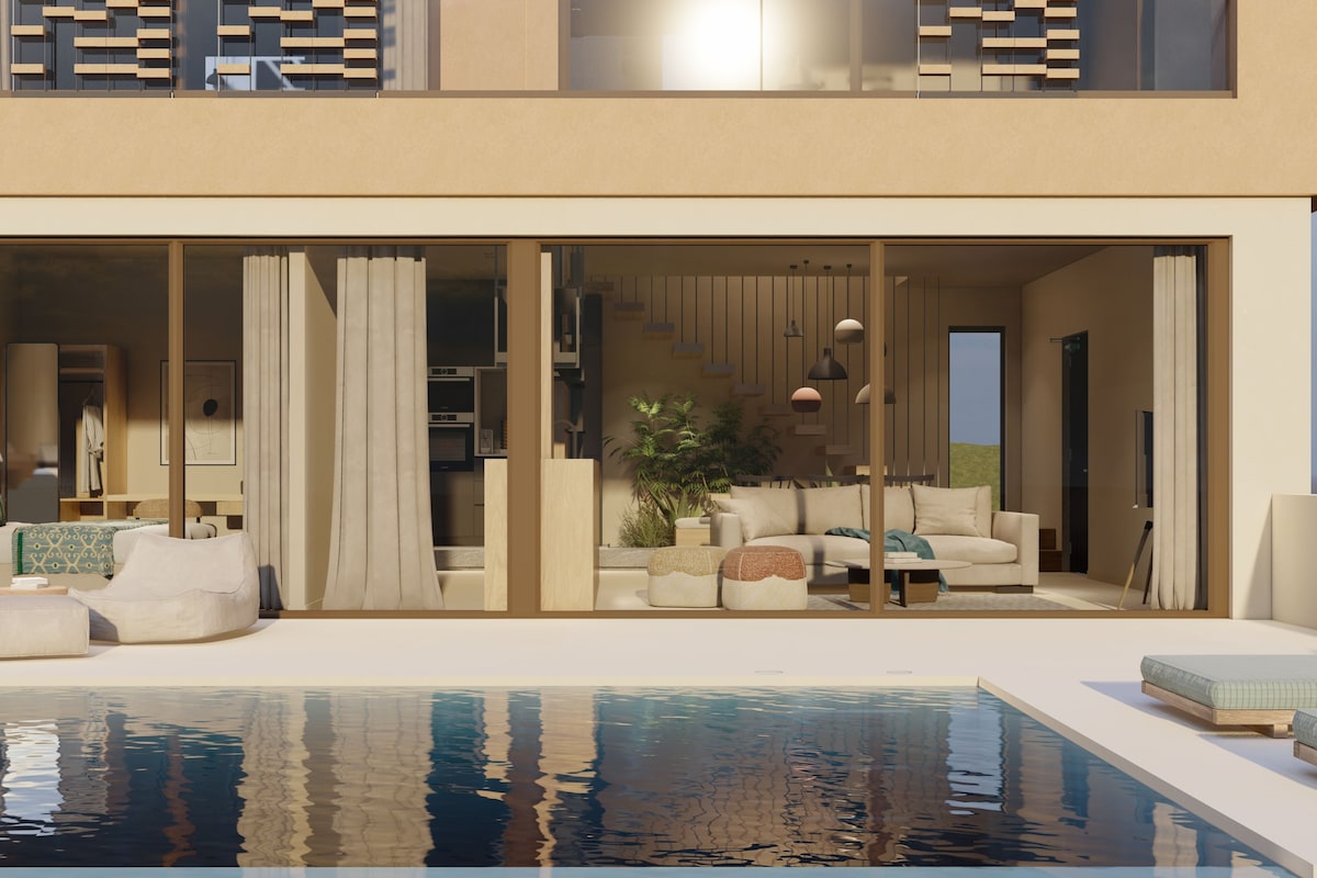 Un hotel moderno con piscina, un amplio salón con sofás y una mesa de centro, y una gran entrada con puerta corredera de vidrio.