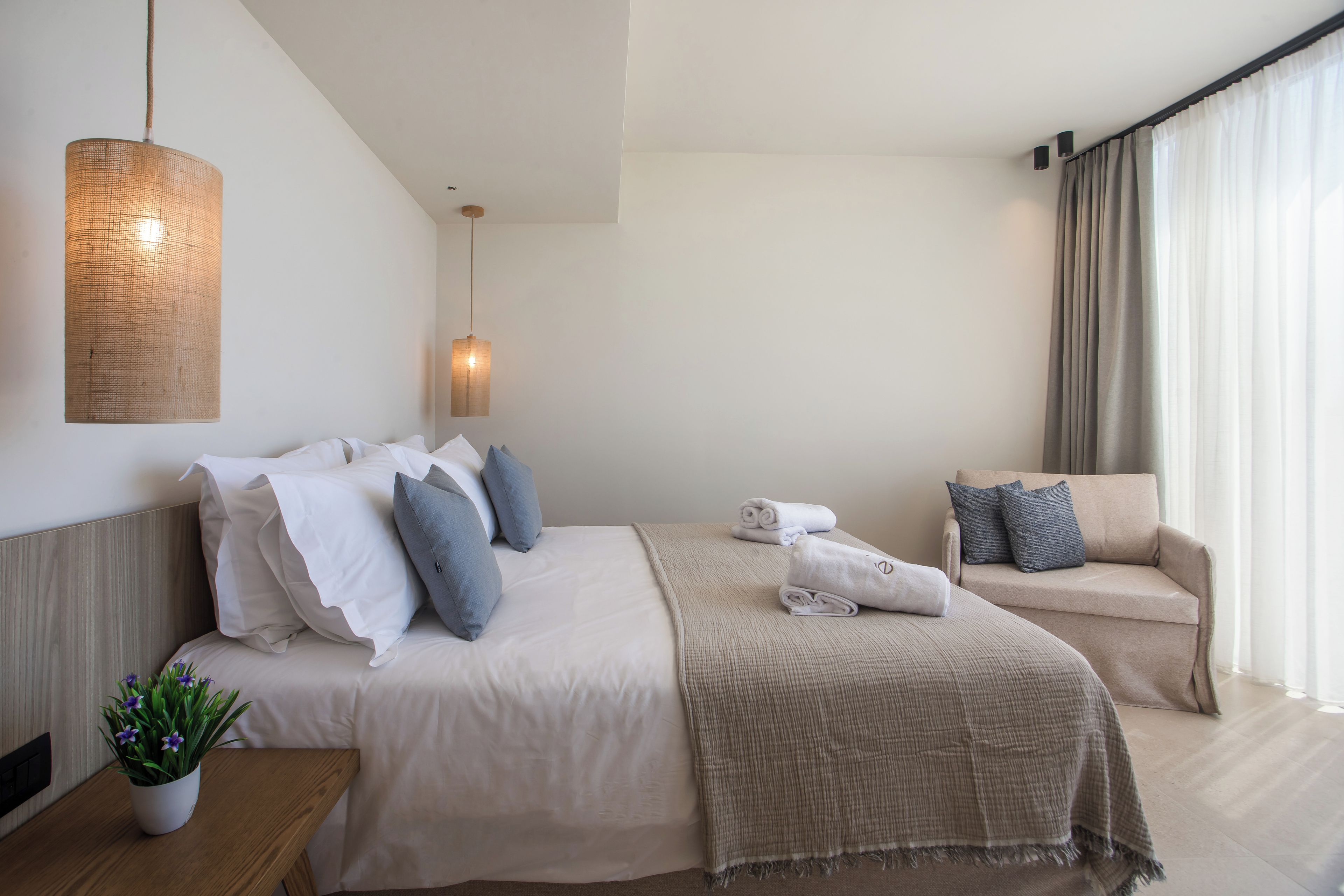 Una habitación de hotel moderna con una cama grande, un sofá, una lámpara colgante y una planta en maceta.
