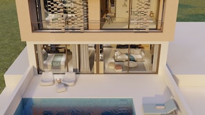 Una casa moderna de dos pisos con un balcón de vidrio, piscina y sala de estar con sofá y mesa de centro.
