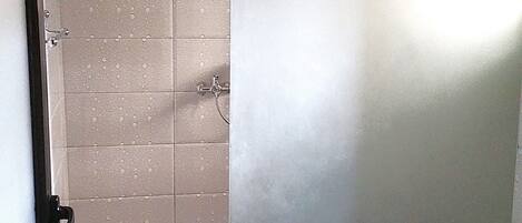 A bathroom with a shower, toilet, and a glass partition.