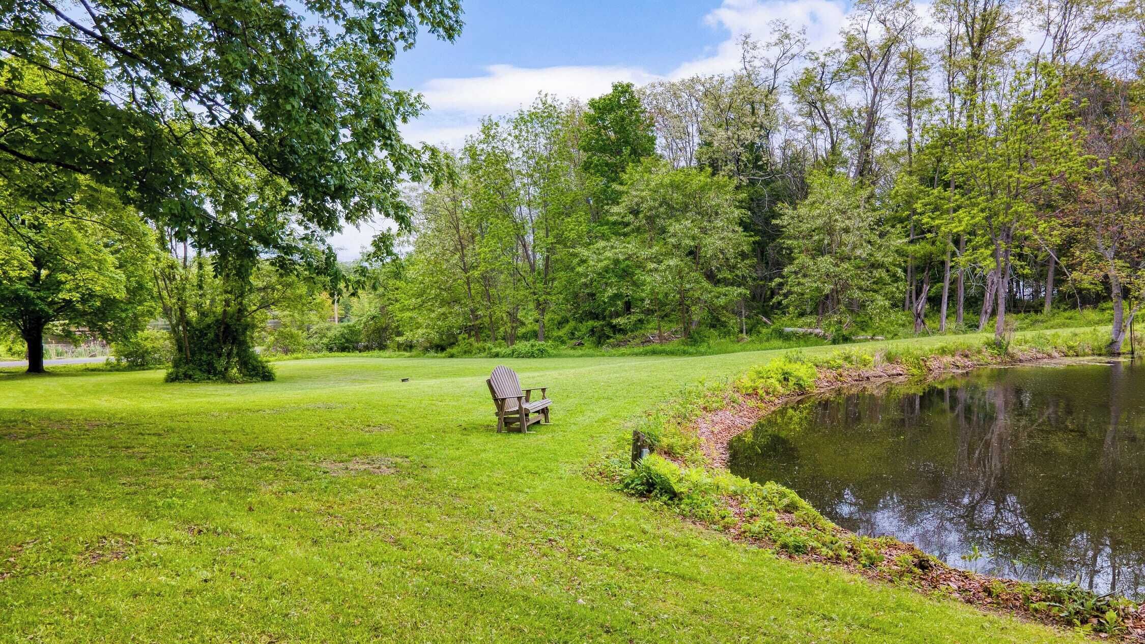 A serene park with a pond, a wooden chair, and lush greenery.
