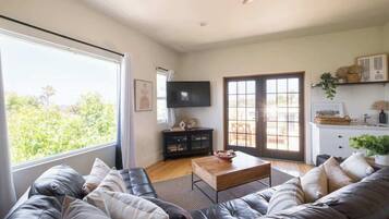 TV, fireplace, books, offices