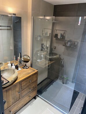 Shower, hair dryer, towels, toilet paper