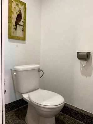 Des toilettes blanches, un bidet fixé au mur dans une salle de bain dotée d’un comptoir en granit et d’un tableau encadré accroché au mur.