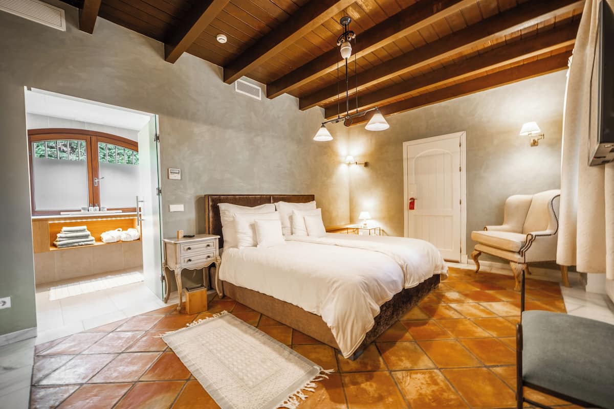 Une chambre avec un grand lit, des poutres apparentes en bois au plafond, une table de chevet, une chaise et une vue sur une salle de bain équipée d’une douche et d’un porte-serviettes.