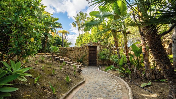 A stone pathway leading to a wooden door, surrounded by lush greenery and palm trees.