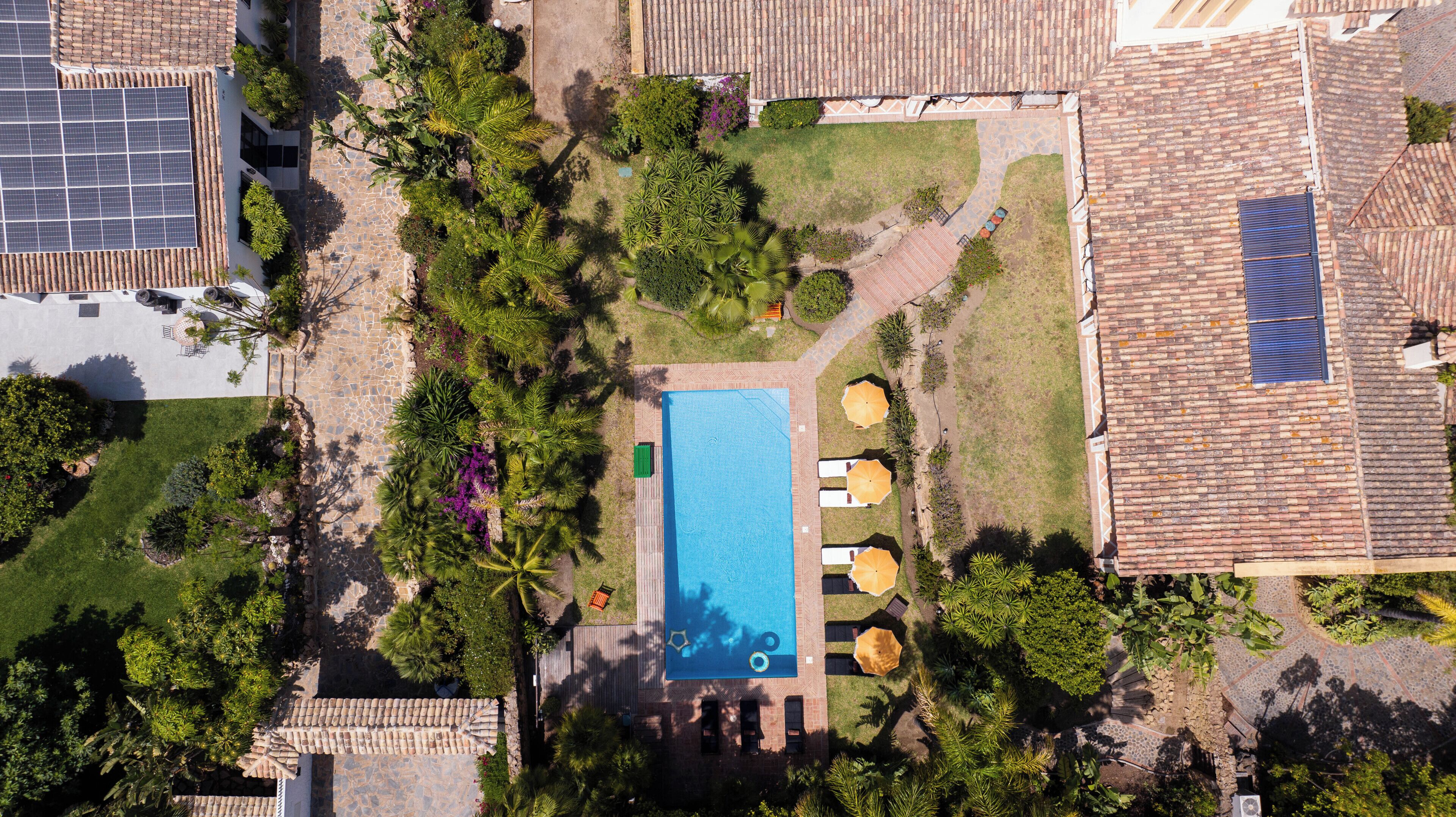 Vista aérea de una zona residencial con piscina rodeada de abundante vegetación, paneles solares y techo de tejas.