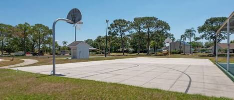 Ein Basketballplatz im Freien mit einem Korb, einer kleinen Hütte und Bäumen im Hintergrund.