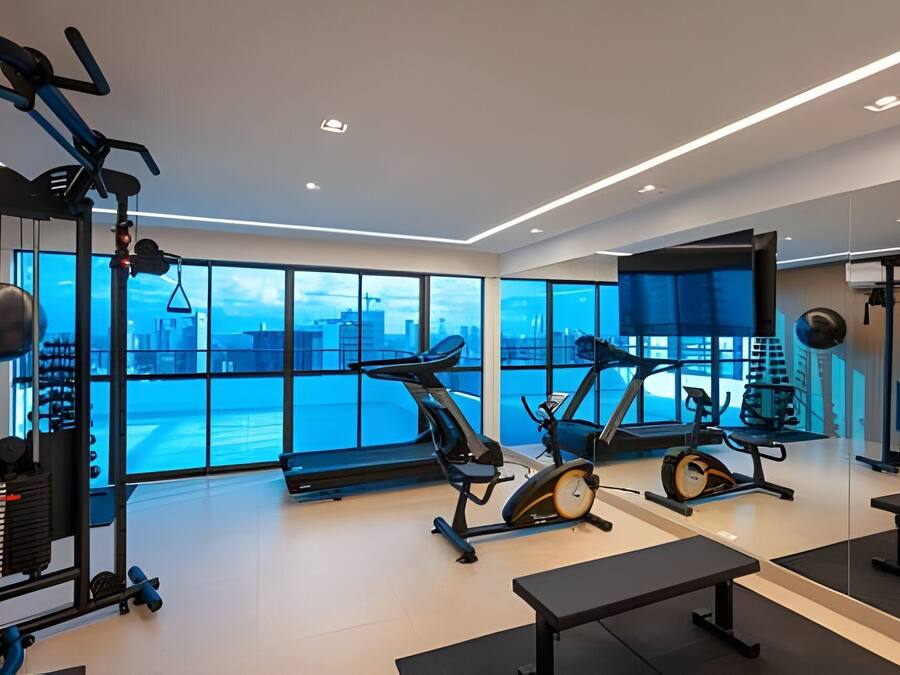 A modern gym with large windows, exercise equipment, and a view of a cityscape.
