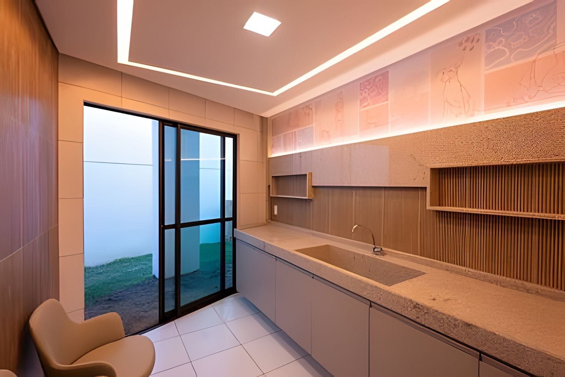 A modern kitchen with a large window, a built-in sink, and a wooden accent wall.