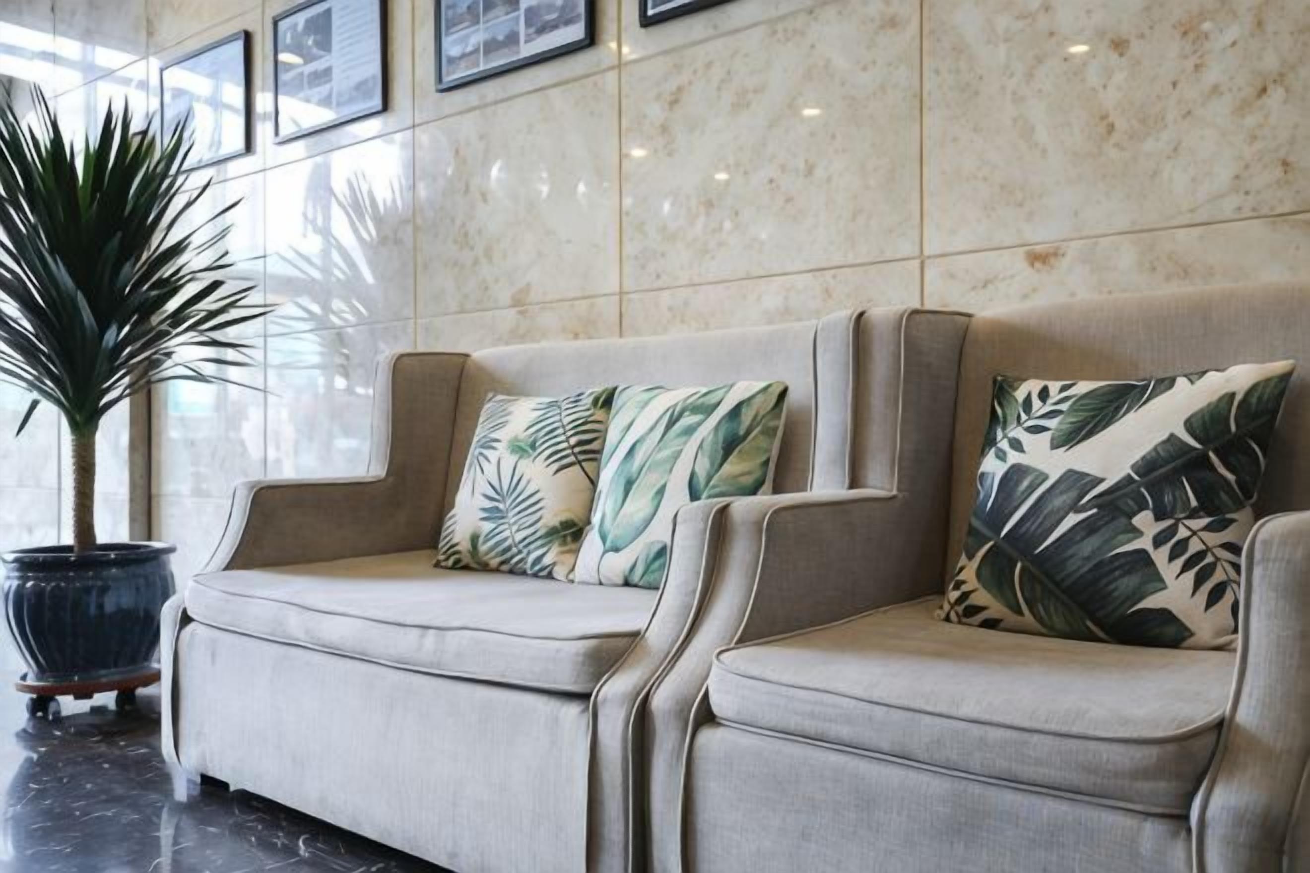 A lobby with two sofas, a large potted plant, and a marble wall.