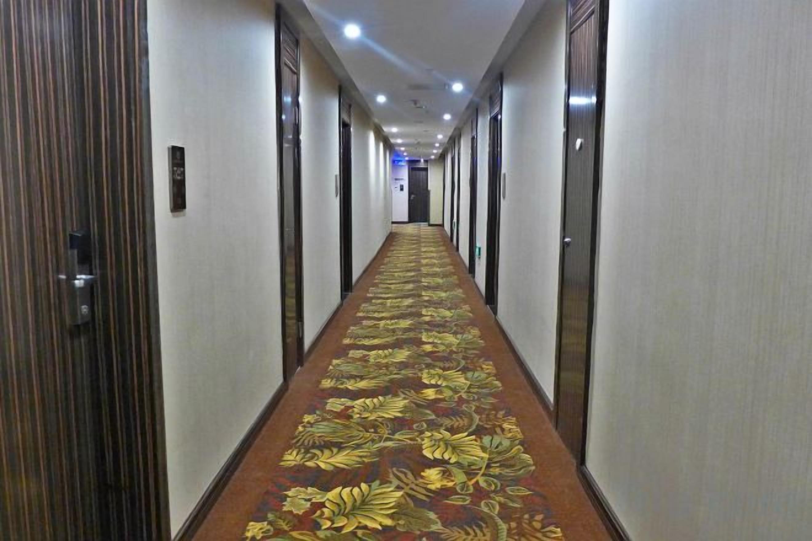 A hotel corridor with doors on both sides, carpeted with a floral pattern, and overhead lighting.