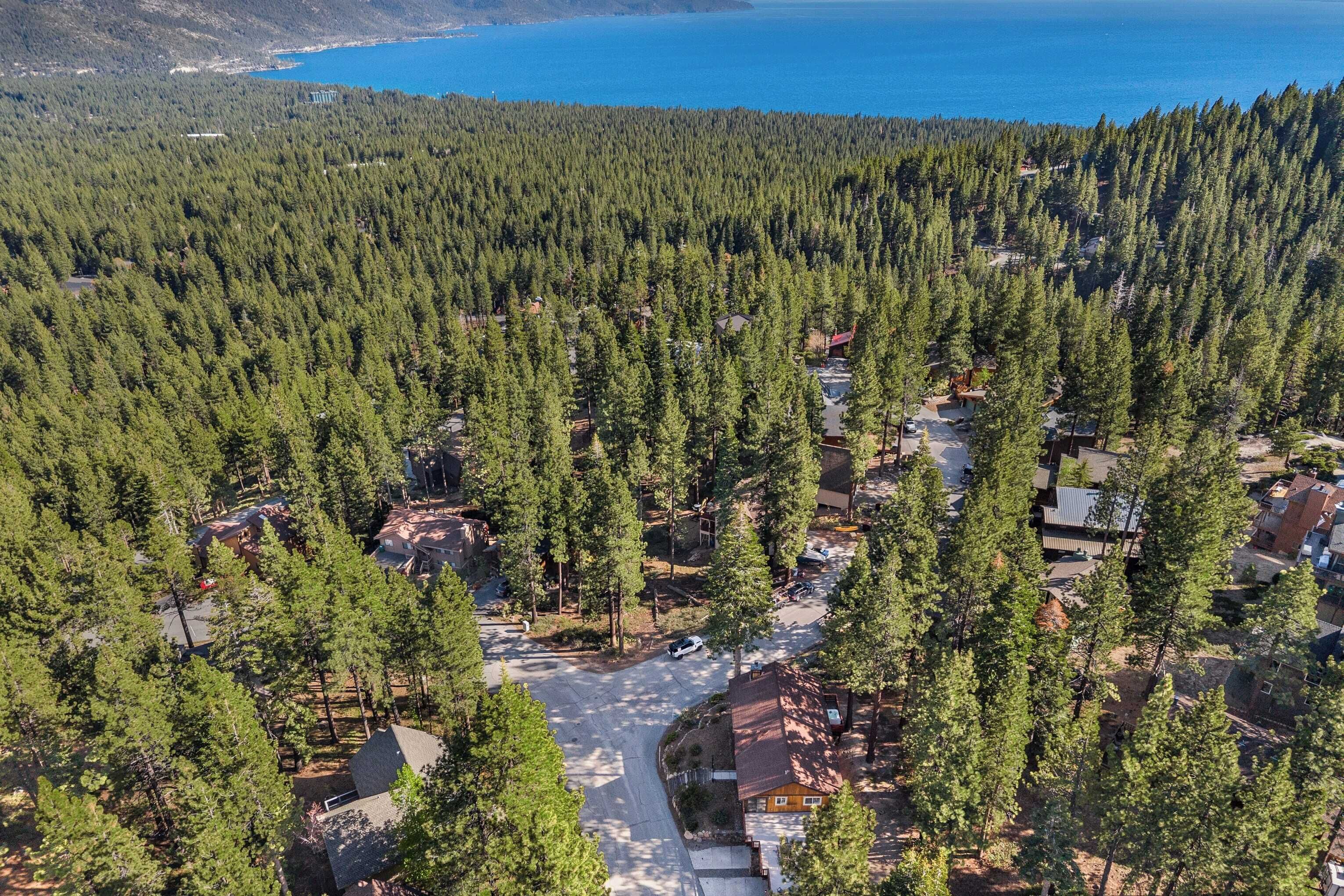 An aerial view of a residential area with houses surrounded by dense forest and a body of water in the background.