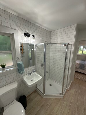 Shower, hair dryer, towels, soap