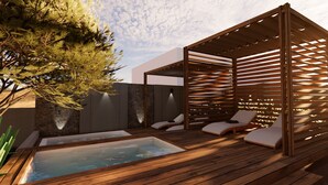 A wooden deck with a hot tub and lounge chairs, surrounded by a wooden pergola and a stone wall. - Finca N6 Hotel Boutique (Valle de Guadalupe)