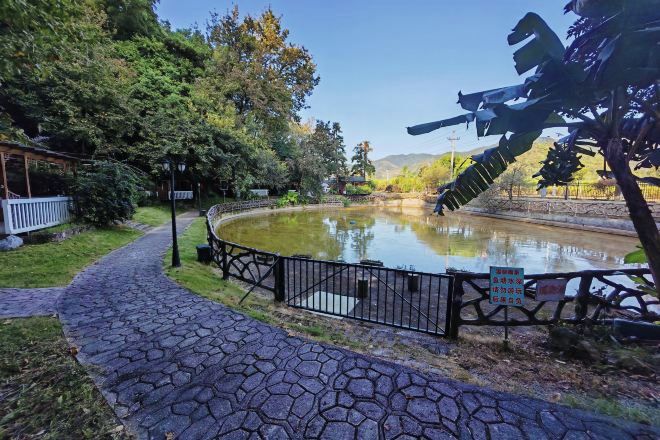 Ein gepflasterter Weg führt zu einem Teich mit einem Zaun und einem Schild, umgeben von Bäumen und blauem Himmel.