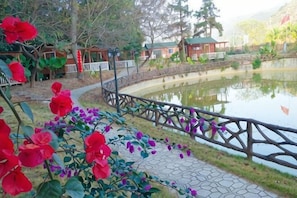 A pathway leading to a pond with a wooden fence, surrounded by greenery and a building with a red roof. - Yingde Fenglin Moke Homestay (Yingde)
