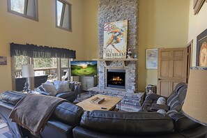 Smart TV, fireplace, foosball