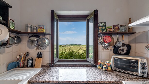A kitchen with a view of a field, a microwave, and various kitchen utensils.