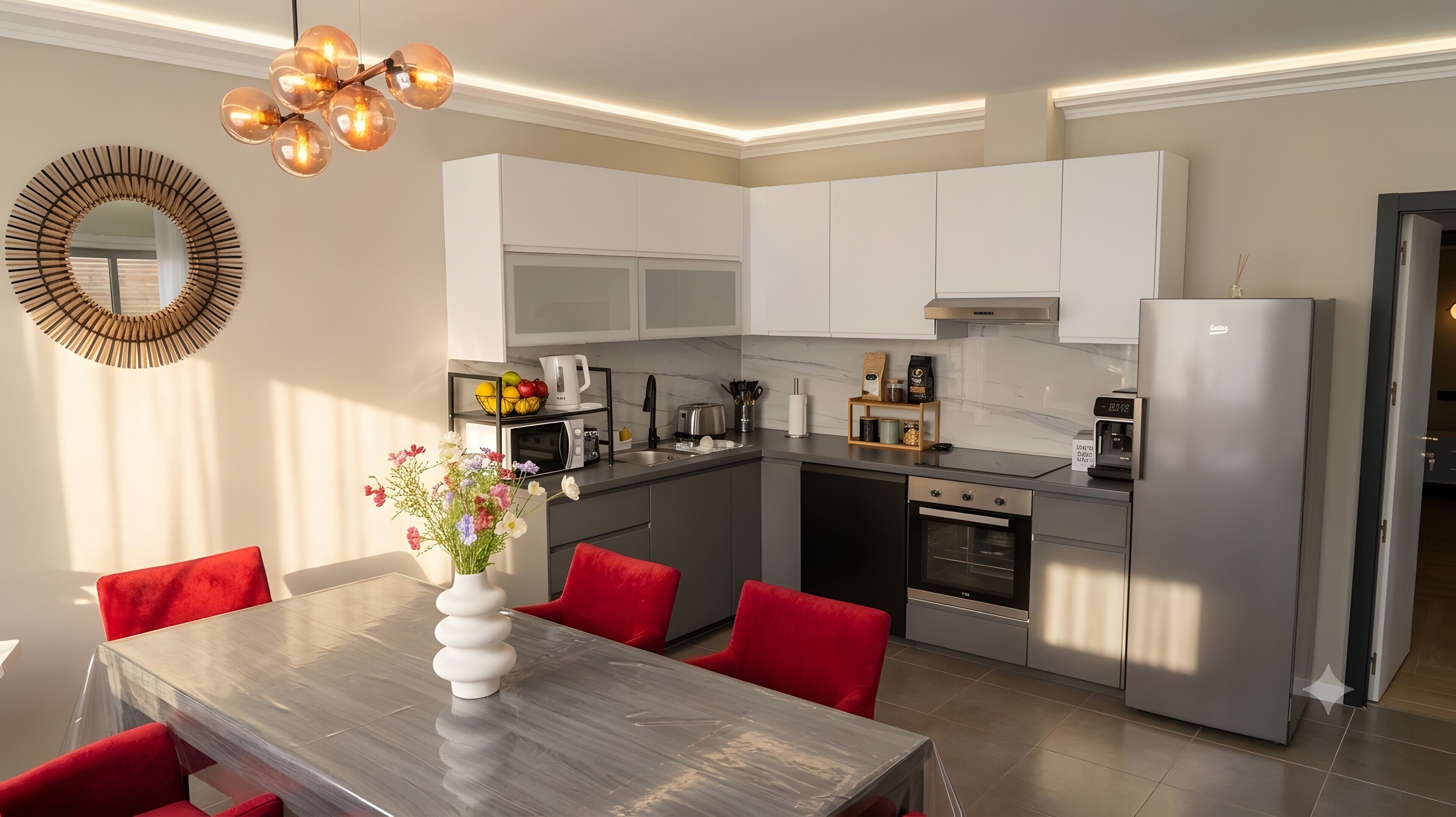 Frigorífico, microondas, horno y placa de cocina