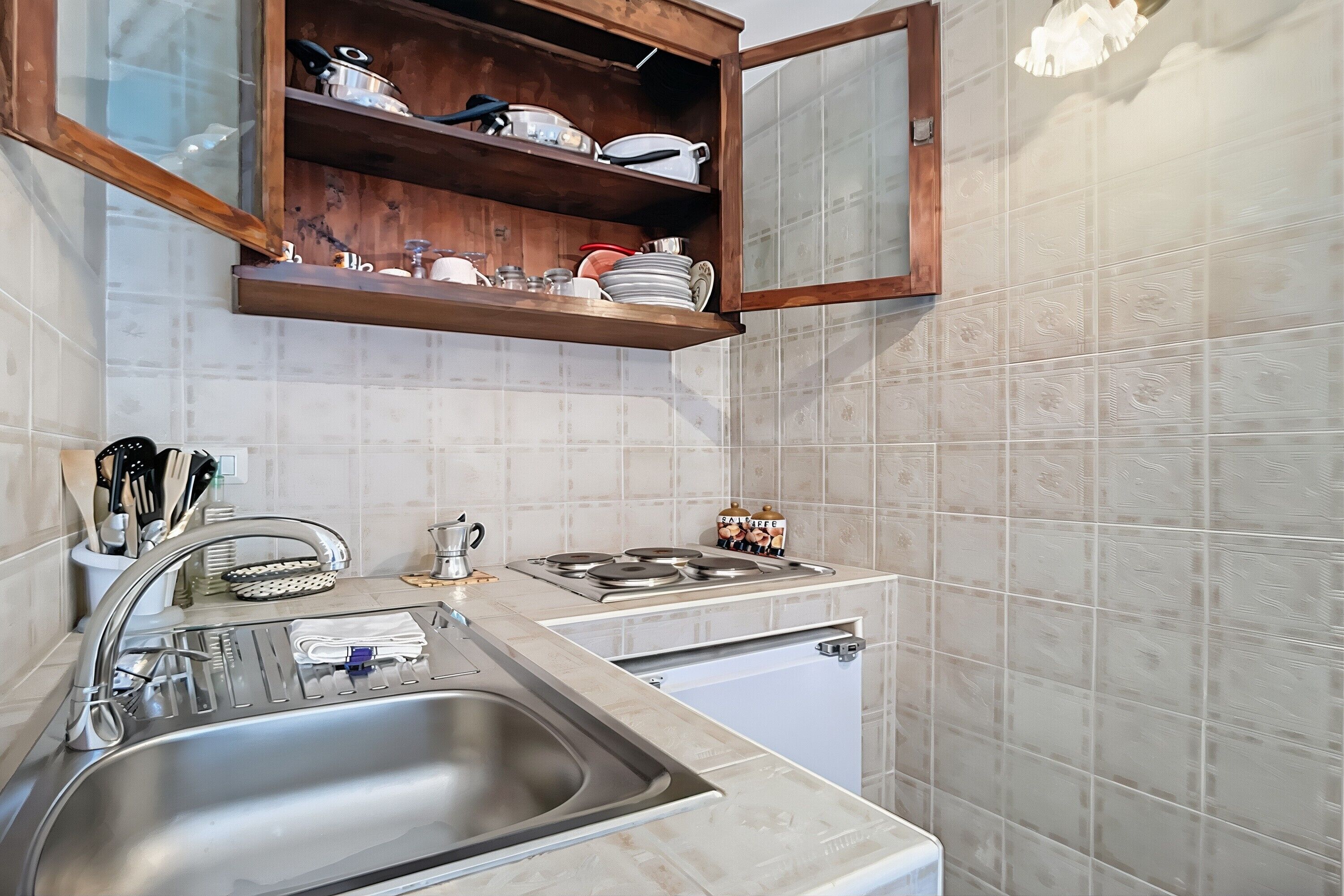 Fridge, stovetop, cookware/dishes/utensils