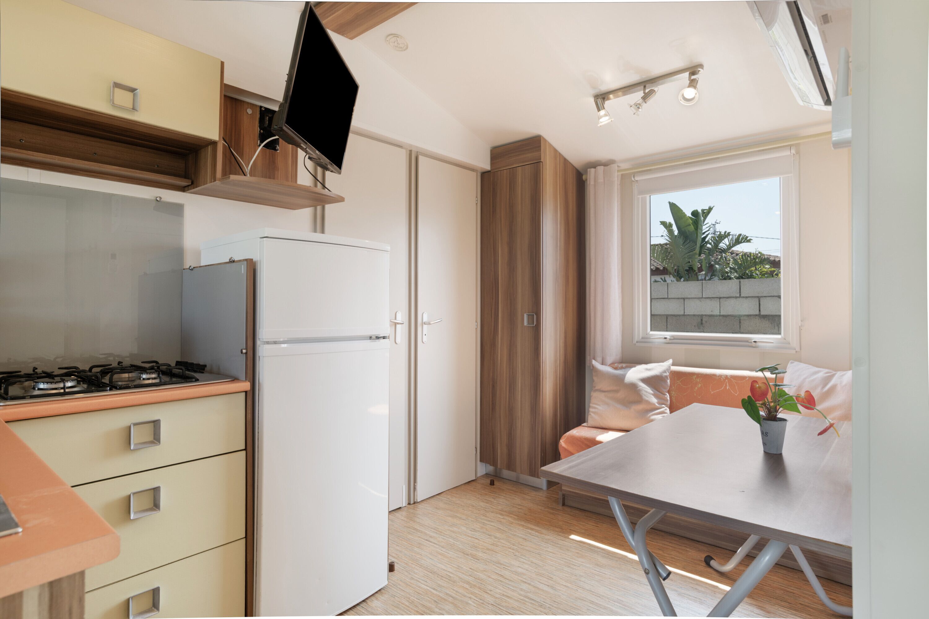 Fridge, microwave, stovetop, coffee/tea maker