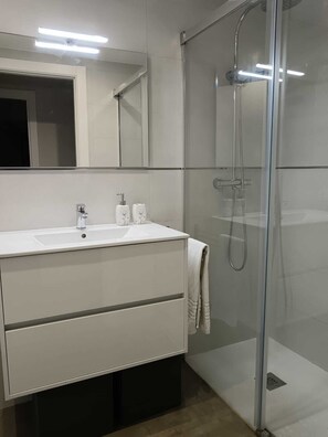 Regadera, secadora de cabello, toallas