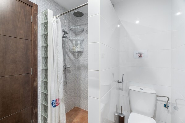 A bathroom with a shower, toilet, and a cabinet. - 'Casa Rural Tijoco' with Sea View, Private Pool and Wi-Fi (Adeje)