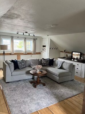 Smart TV, fireplace, books