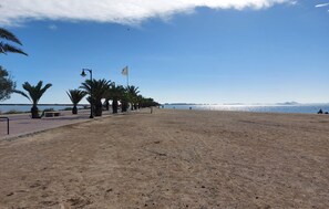 Una playa arenosa con palmeras y un cielo despejado.