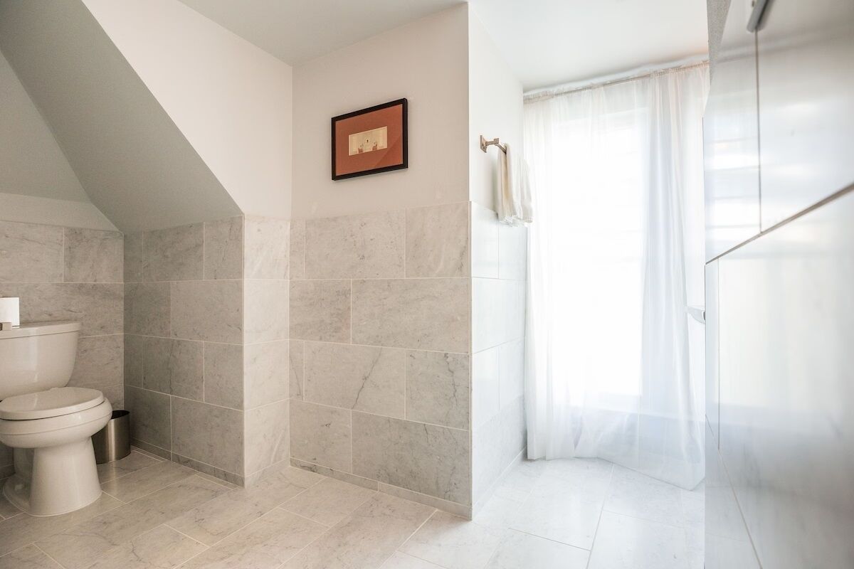A bathroom with a toilet, a shower, and a framed picture on the wall.