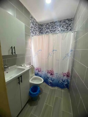 Shower, towels, soap, toilet paper