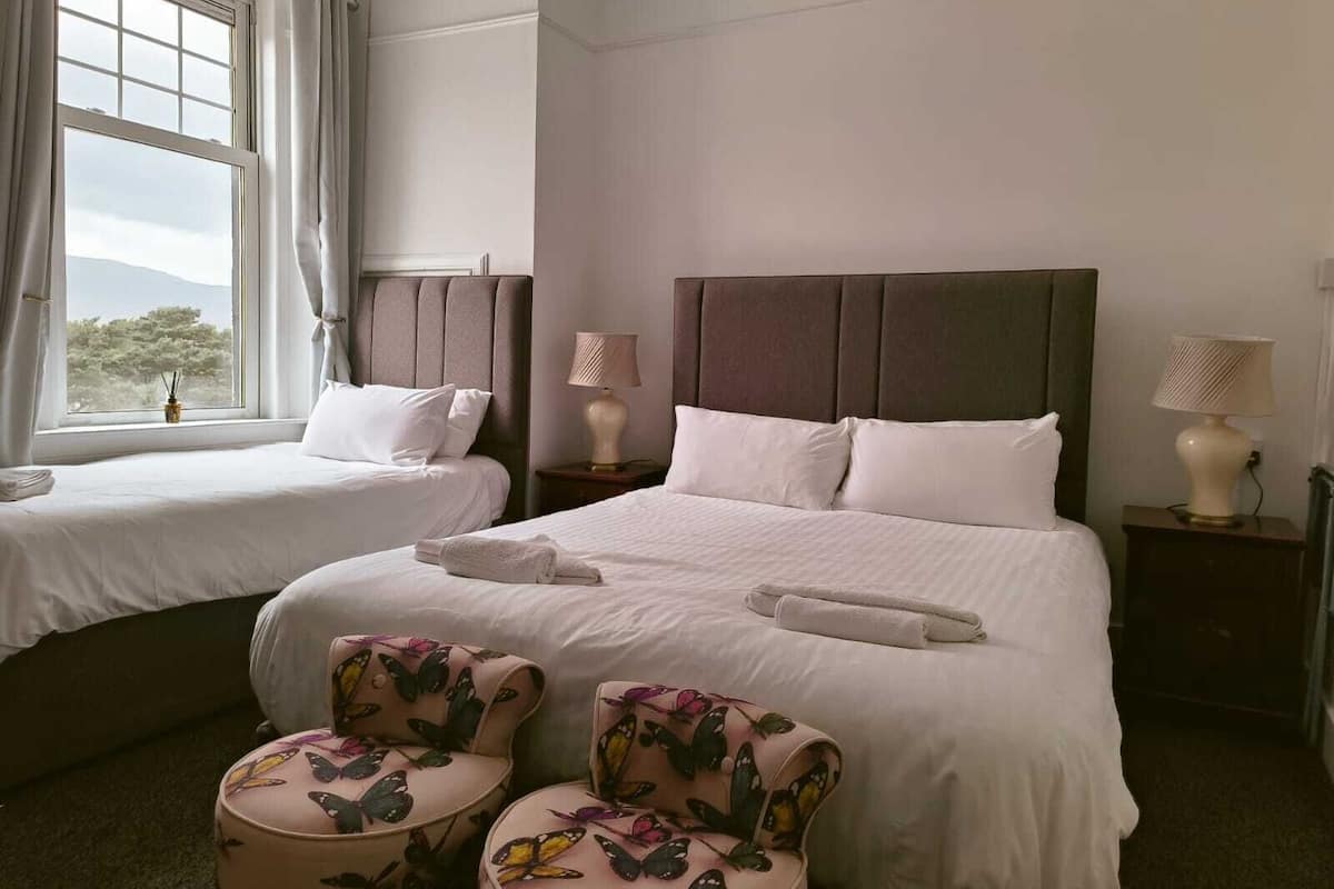 Une chambre d’hôtel avec deux lits, une grande fenêtre et une vue sur l’extérieur. On y trouve deux tables de chevet avec des lampes et une chaise à motifs floraux.