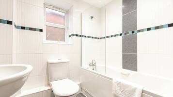 Hair dryer, towels, soap, toilet paper