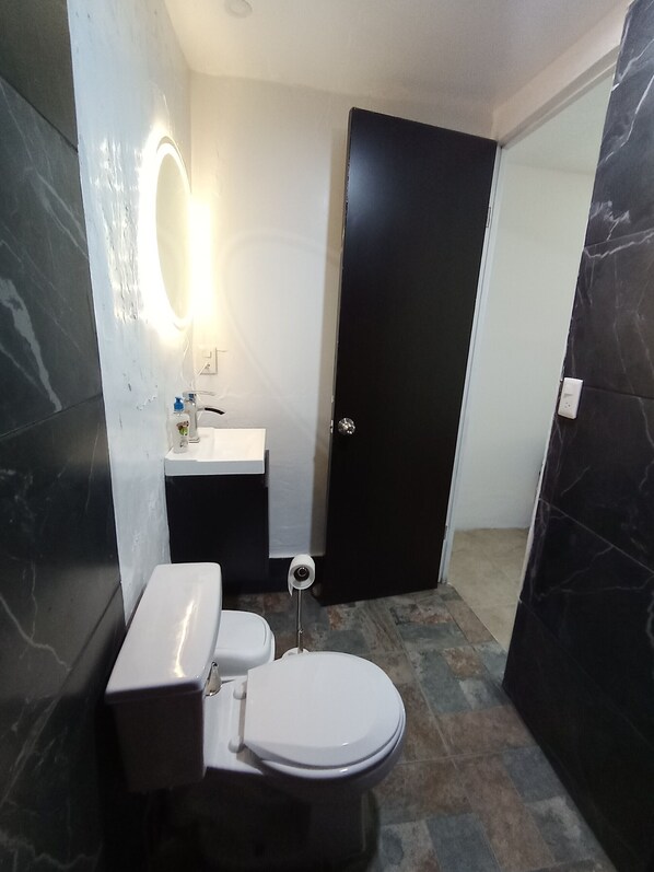 A bathroom with a toilet, sink, and mirror. - Iguana Co-living (Oaxaca)