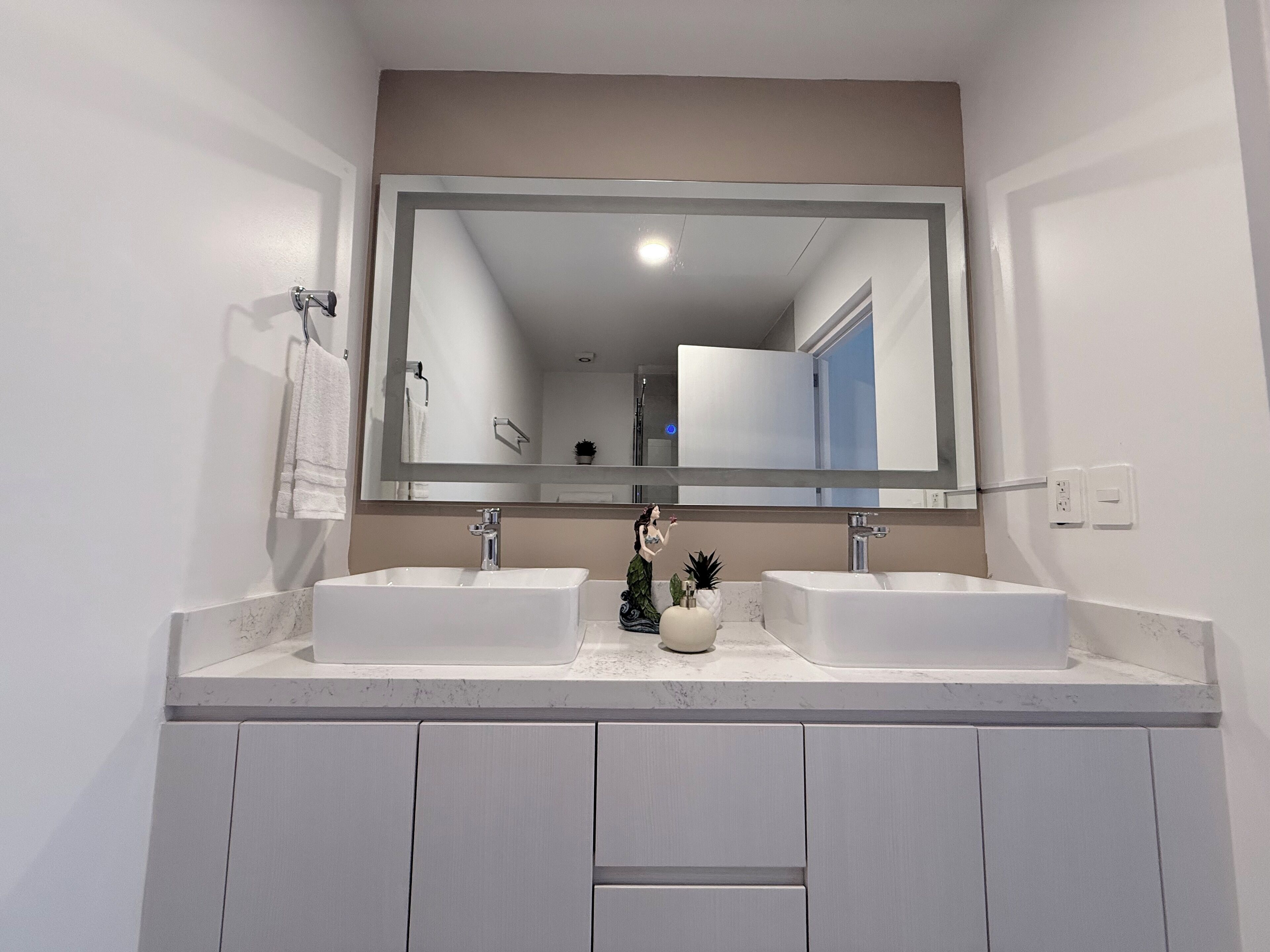 A modern bathroom with two sinks, a large mirror, and a small potted plant.